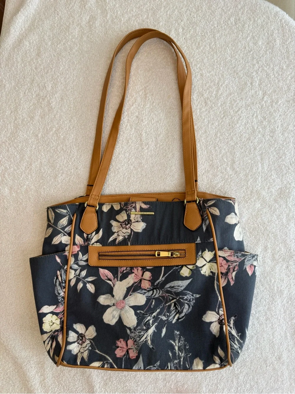 Jaclyn Smith Floral Shoulder Tote Bag Canvas Purse Black Pink Tan Trim Medium